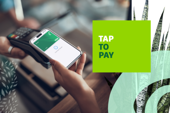 Consumer's hands completing a tap to pay purchase with their phone on a handheld device with "Tap to Pay" headline overlaid.
