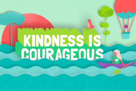 "Kindness is Courageous" text over graphic of woman in a canoe on waves