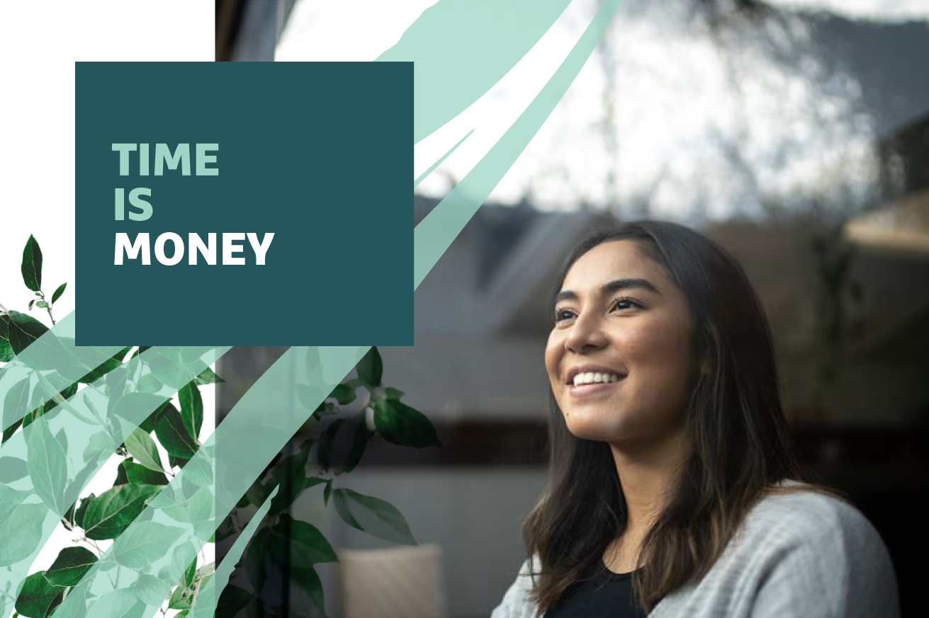 Smiling person seated near a window with plants and headline text "Time is Money" overlaid.