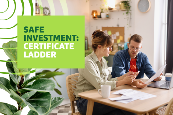 Two individuals reviewing documents at a table with a laptop, in a bright office setting, with the header text 'SAFE INVESTMENT: CERTIFICATE LADDER' overlaid.