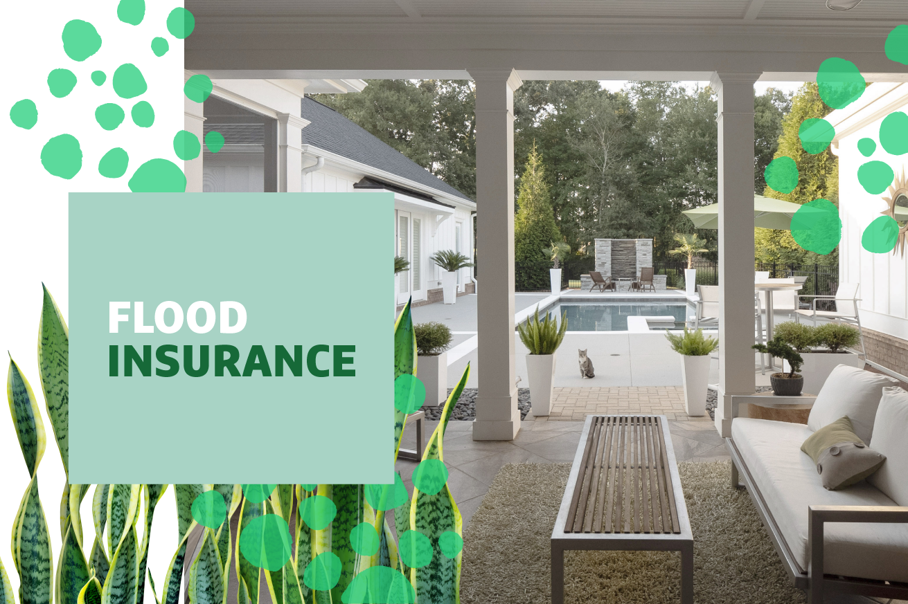 Home patio with "Flood Insurance" text overlayed