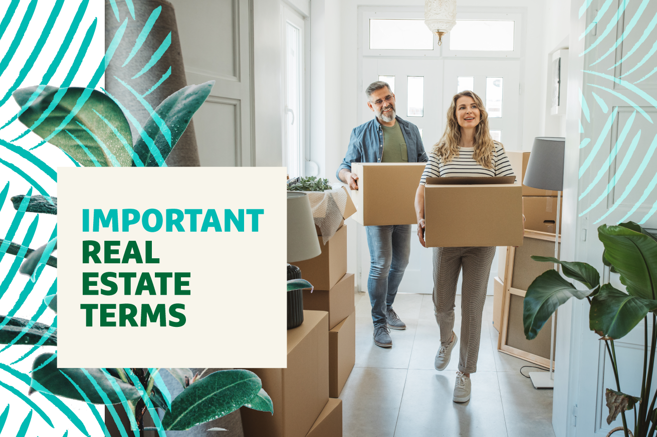 Couple carrying boxes moving into their new home with headline "Important Real Estate Terms" overlaid.