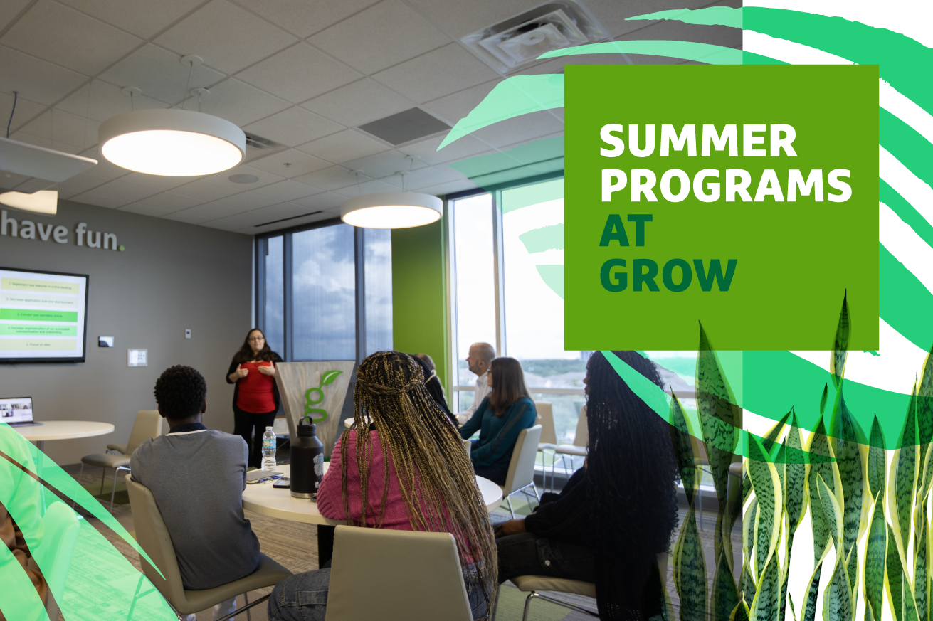 Group of students sitting at a group of tables listening to a presenter with headline "Summer Programs at Grow" overlaid.