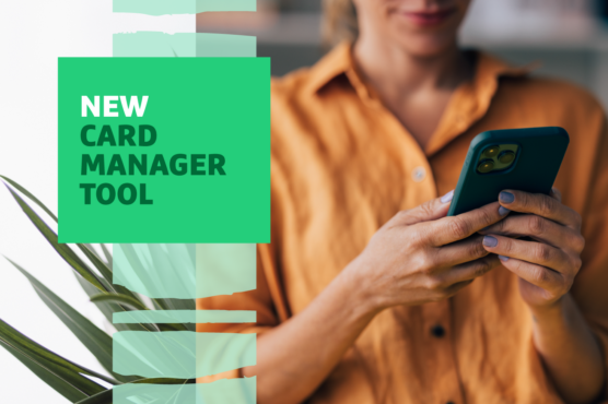 Person using a smartphone with a graphic overlay that reads "New Card Manager Tool.